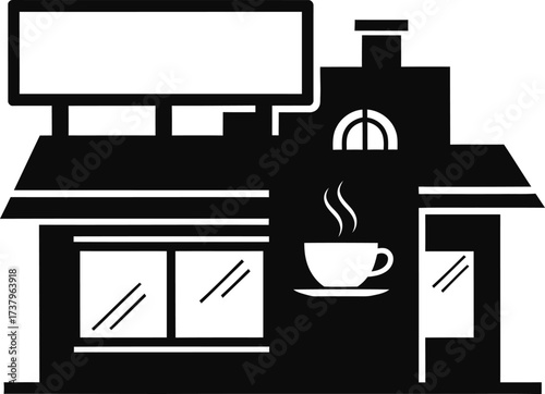 Silhouette of a coffee shop with steaming cup and signage