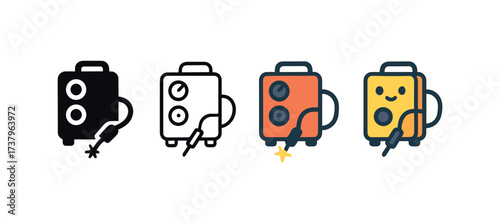 Vector icon welding machine four styles black solid glyph outline minimal flat multicolor filled cartoon flat shaded.