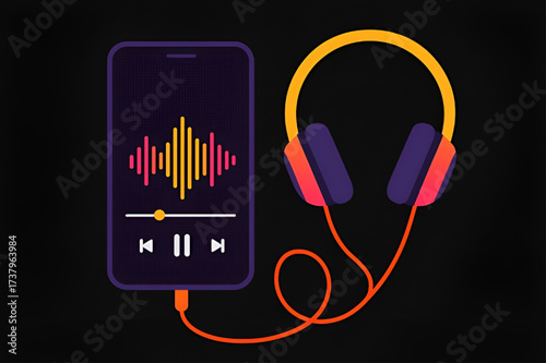 Modern Smartphone Connected to Headphones, Playing Digital Music with Sound Waves. Flat Vector Illustration.