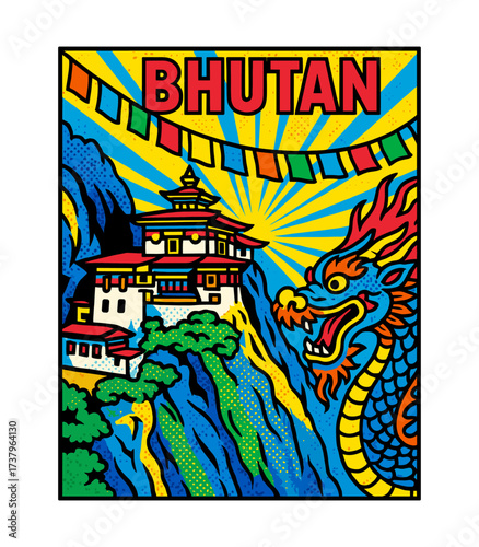 Pop Art Style Bhutan Travel Poster