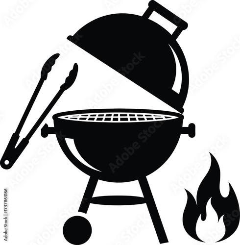 Black silhouette of a charcoal grill with tongs and flames