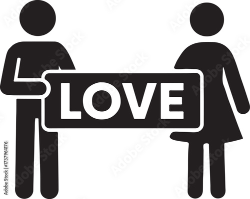   Couple holding “LOVE” banner together, perfect for Valentine’s, romance, and celebration moments.