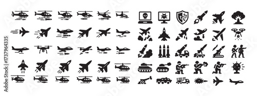 Tank and aircraft icons. Military technology icons