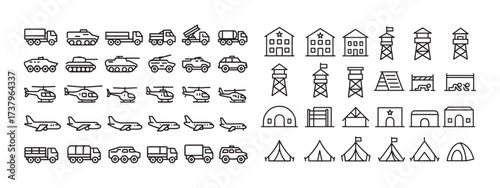 Military equipment and facilities icons. Military technology icons