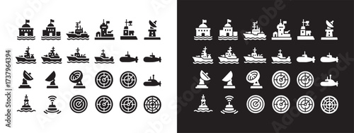 Warship and radar icons. Military technology icons