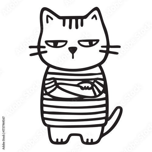 Grumpy striped cat with arms crossed, black and white.
