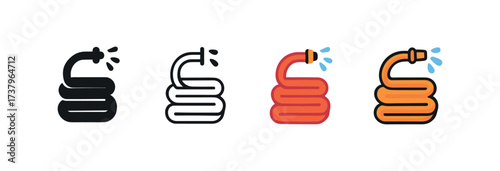 Vector icon water hose four styles black solid glyph outline minimal flat multicolor filled cartoon flat shaded.