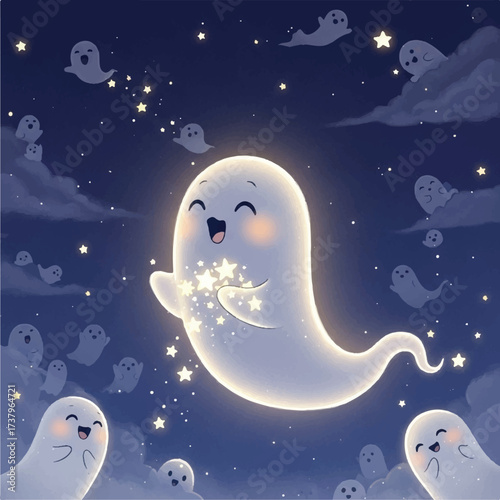 "Playful Halloween-Themed Ghosts with Rosy Cheeks and Starry Background"
