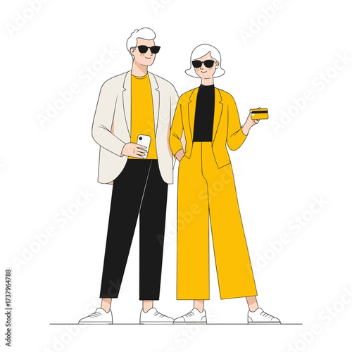 A guy with a phone and a girl with a bank card