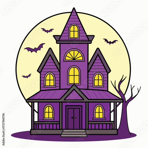 Vector art of purple haunted mansion with bats and a full moon