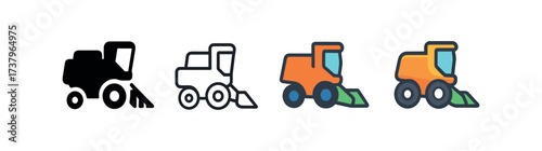 Vector icon combine harvester four styles black solid glyph outline minimal flat multicolor filled cartoon flat shaded.