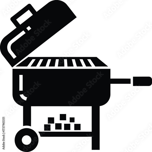 Black silhouette of an open charcoal grill with wheels