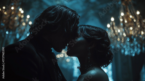 Dark romance between a vampire couple in a grand, shadowy ballroom during Halloween night