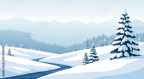 Serene Winter Landscape Background Illustration with Snowy Hills, Winding River, and Pine Forest, offering ample Empty Space