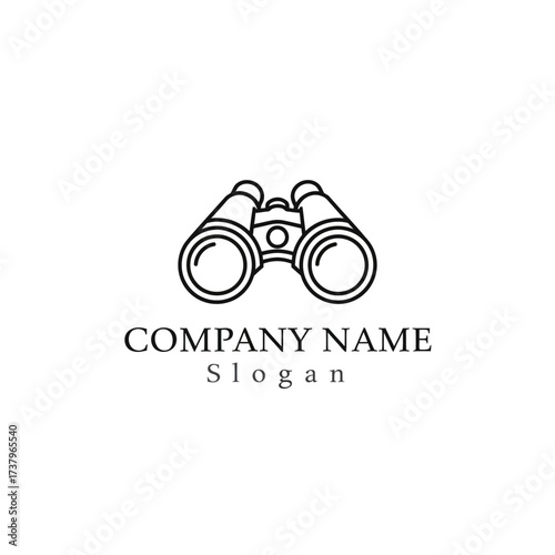 A minimalist line art illustration of binoculars, with space for a company name and slogan beneath.