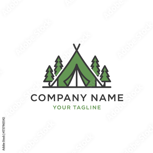 A minimalist green tent logo with stylized pine trees, representing outdoor adventure and camping experiences.