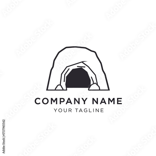 A minimalist line art logo depicting a stylized cave entrance with a dark opening, suggesting exploration or a hidden place, with placeholder text for company name and tagline.