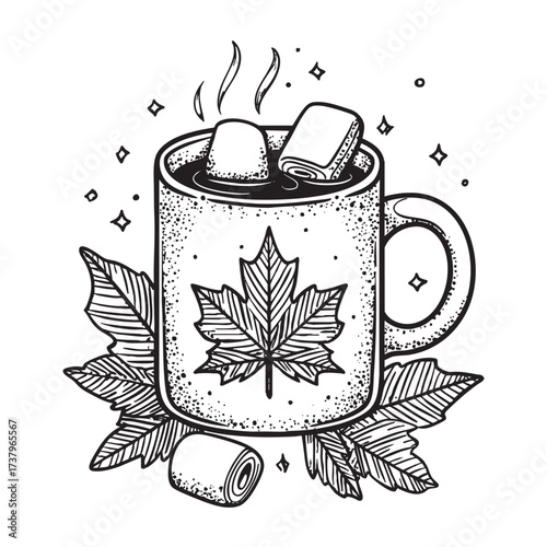 Hot cocoa with marshmallows in a maple leaf mug.