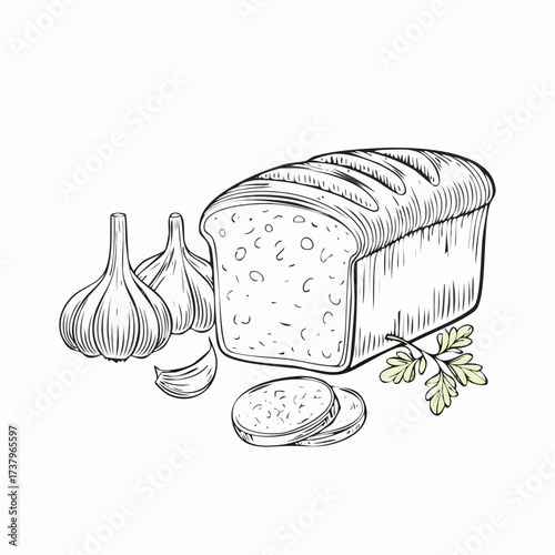 A hand-drawn sketch of a loaf of bread with garlic cloves and parsley sprigs.