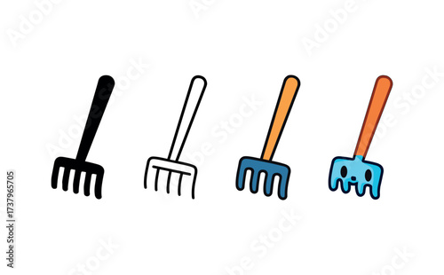 Vector icon garden rake four styles black solid glyph outline minimal flat multicolor filled cartoon flat shaded.