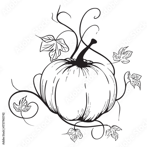 A plump pumpkin surrounded by swirling vines and leaves.
