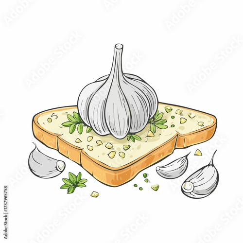 A detailed illustration of a whole garlic bulb resting on a slice of bread, garnished with fresh herbs and chopped garlic, surrounded by individual cloves.