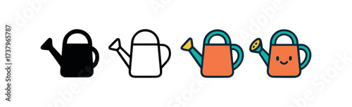 Vector icon watering can four styles black solid glyph outline minimal flat multicolor filled cartoon flat shaded.