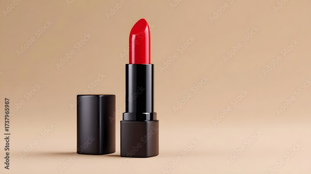 Obraz premium A bold, luxurious red lipstick in a sophisticated black container, showcasing a smooth, shiny texture and a glamorous, alluring appearance.