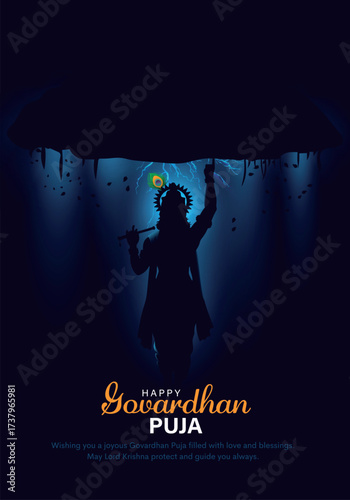 Indian religious festival happy Govardhan Puja Hindu festival Greeting background with Silhouette illustration of Lord Krishna lifting hill.