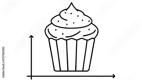A black and white line drawing of a cupcake with a coordinate system on the bottom left corner on transparent background silhouette
