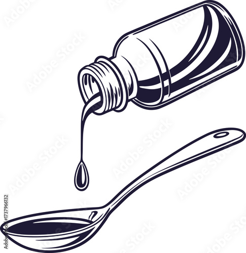 Brown liquid medicine pouring from a bottle into a spoon for dosage