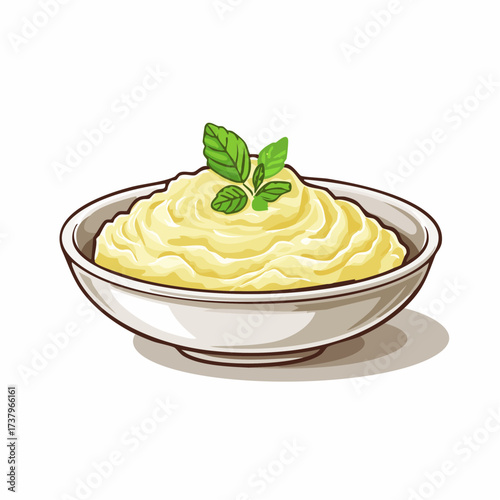 A bowl of creamy mashed potatoes garnished with fresh green mint leaves, presented in a simple white ceramic dish.