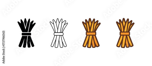Vector icon straw bundle four styles black solid glyph outline minimal flat multicolor filled cartoon flat shaded.