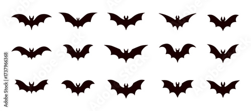 Set of bat silhouettes with different wing shapes on white background. Versatile collection for stickers, prints, party graphics, seasonal and Halloween design