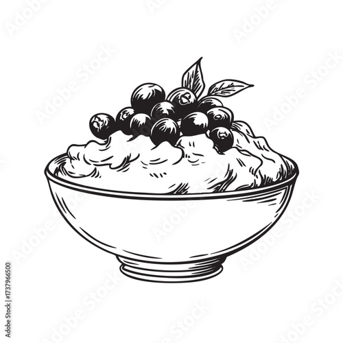 Bowl of porridge topped with blueberries and leaves.