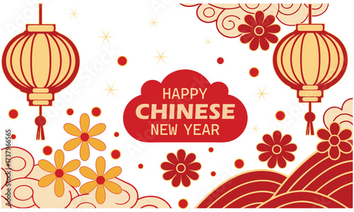 Chinese new year wishes among lanterns clouds and flowers adorn the white background