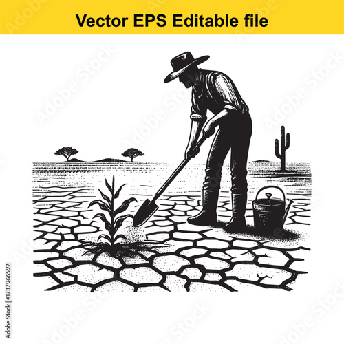 Vector art of farmer planting a sapling in a dry, cracked desert landscape