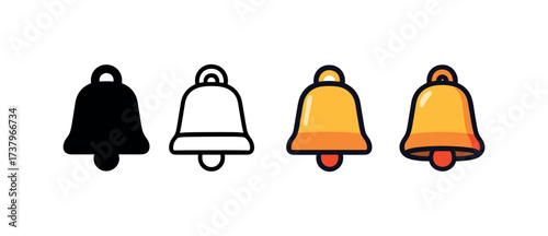 Vector icon cow bell four styles black solid glyph outline minimal flat multicolor filled cartoon flat shaded.