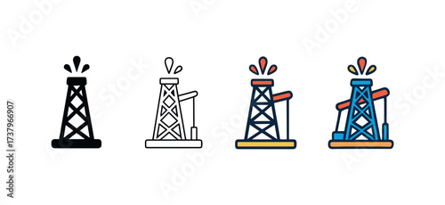 Vector icon drilling rig four styles black solid glyph outline minimal flat multicolor filled cartoon flat shaded.
