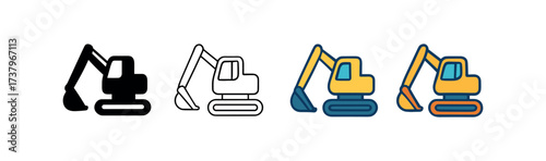 Vector icon mining excavator four styles black solid glyph outline minimal flat multicolor filled cartoon flat shaded.