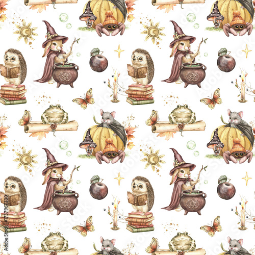 Seamless pattern, bunny in wizard dress, hedgehog with books, cute spider, bat on pumpkin, vintage cauldron, frog, esoteric elements. Hand drawn watercolor illustration. Kids fall design, Halloween.