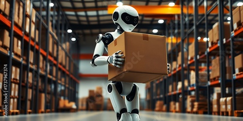 A futuristic robot carries a cardboard box through a warehouse with tall shelves of packages