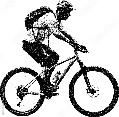 Silhouette of a Mountain Biker in Action, Riding a Bicycle with a Backpack