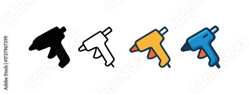 Vector icon hot glue gun four styles black solid glyph outline minimal flat multicolor filled cartoon flat shaded.