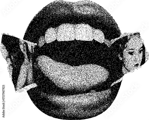 Surreal Stippled Image of Open Mouth with Fragmented Faces Emerging
