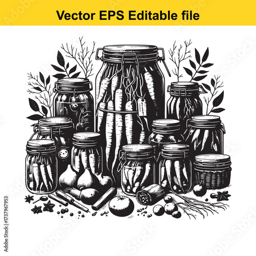 Vector art of collection of preserved vegetables in jars
