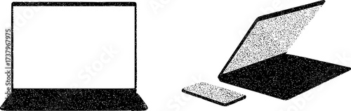 Two stylized laptops, one open and one closed, on a white background