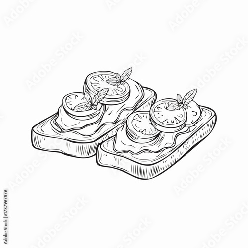 Hand-drawn sketch of two delicious bruschetta toasts topped with tomato slices and fresh basil leaves, a classic appetizer.