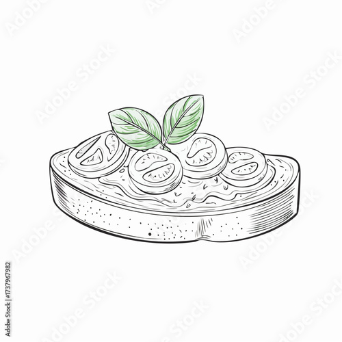 Hand-drawn sketch of bruschetta with sliced tomatoes and fresh basil leaves, a classic Italian appetizer on a piece of toast.