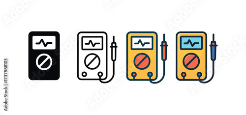 Vector icon multimeter four styles black solid glyph outline minimal flat multicolor filled cartoon flat shaded.